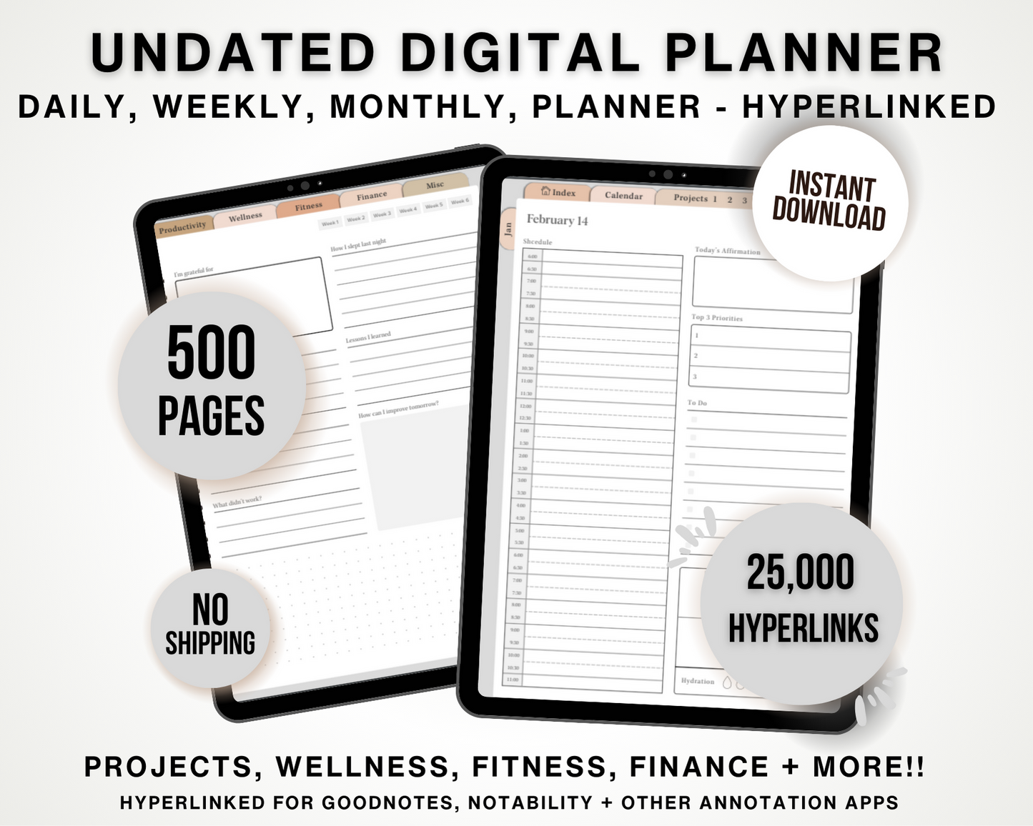 Undated Digital Planner 2024 2025 2026 - Hyperlinked, Neutral