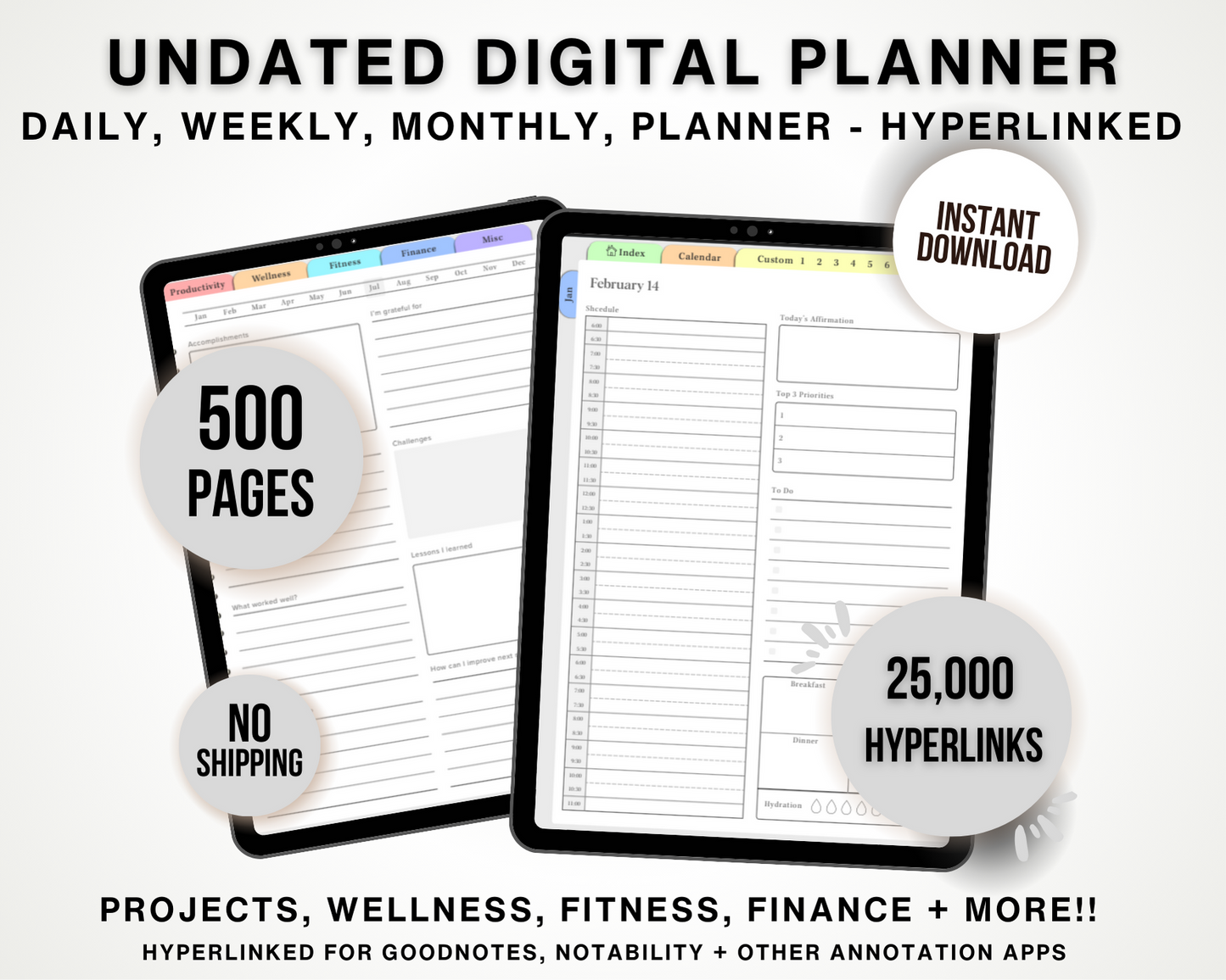 Undated Digital Planner 2024 2025 2026 - Hyperlinked, Pastel