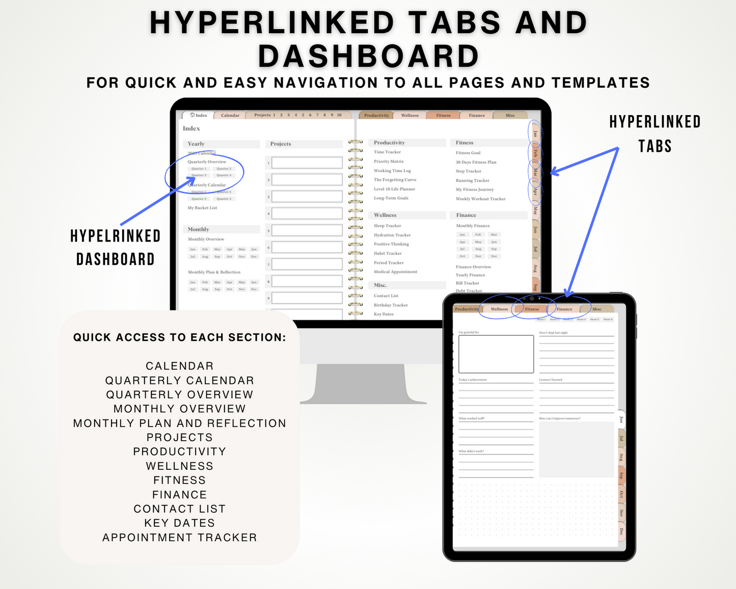 Undated Digital Planner 2024 2025 2026 - Hyperlinked, Neutral