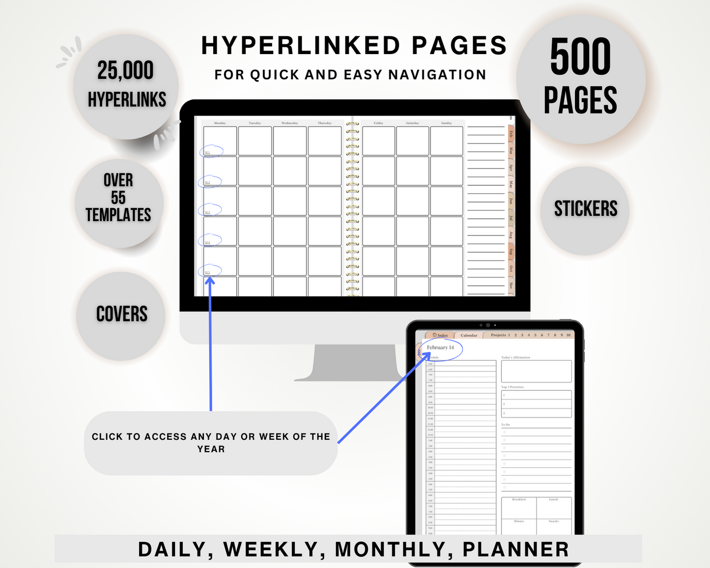 Undated Digital Planner 2024 2025 2026 - Hyperlinked, Neutral