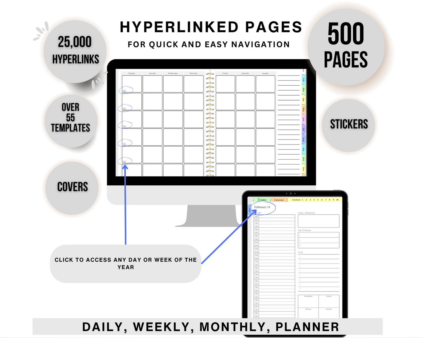 Undated Digital Planner 2024 2025 2026 - Hyperlinked, Pastel