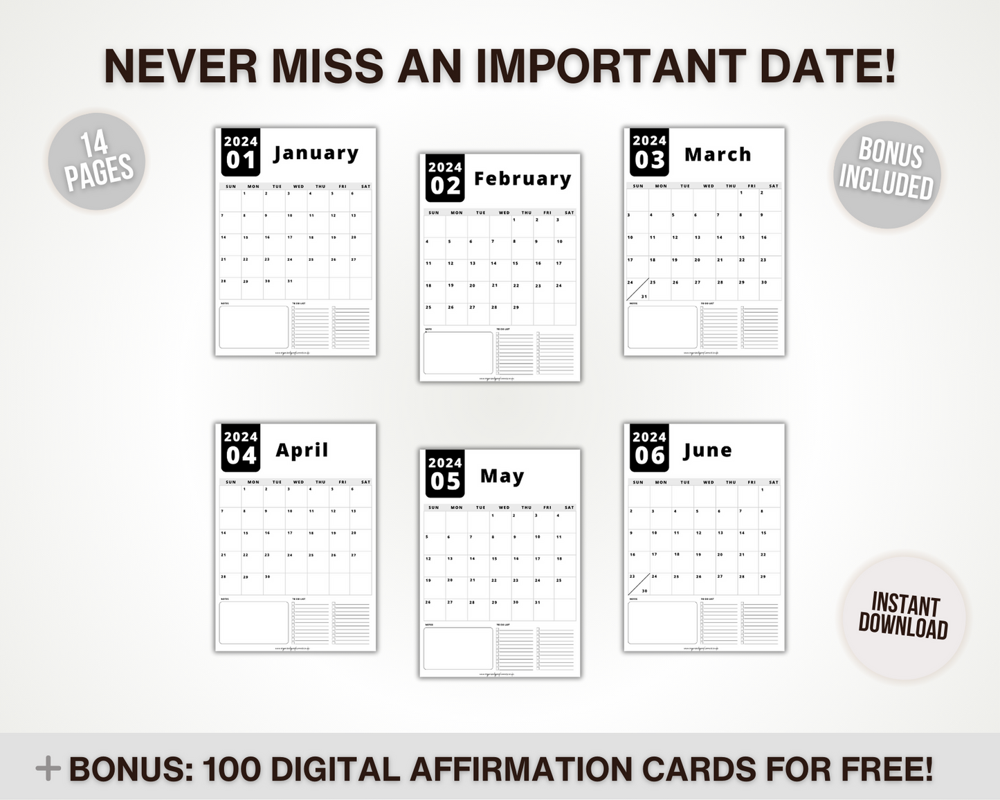 2024 Printable Monthly Calendar - Black & White